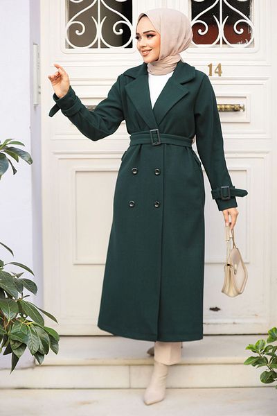 Neva Style Emerald Green Belted Stamped Hijab Coat - 61251Zy