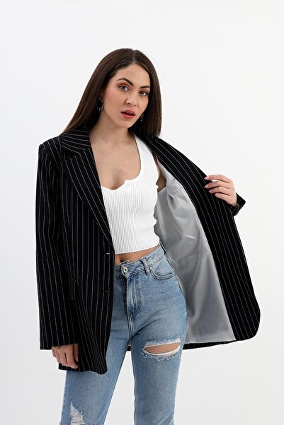 VAPUR TEKSTİL Black Striped Atlas Blazer Jacket