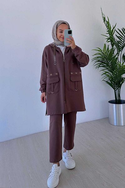 Ka Hijab 2-Piece Hijab Set with Hood and Eyelet Detail - Brown