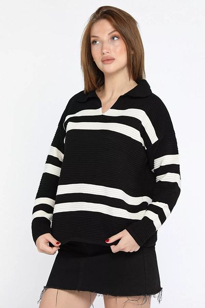GÜLSELİ Pulover de damă cu dungi cu gât polo negru crem