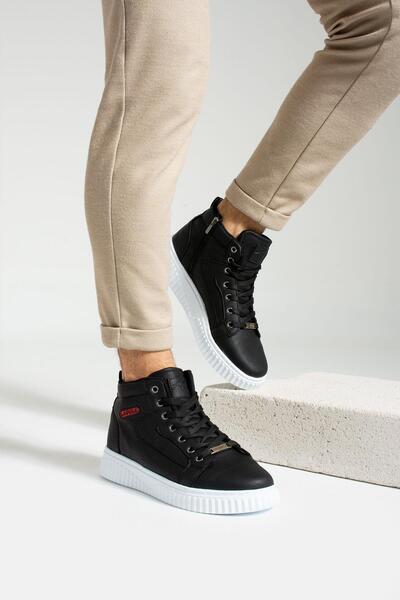 L.A Polo Erkek Günlük Bilekli Fermuarlı Siyah Beyaz Sneaker Ayakkabı