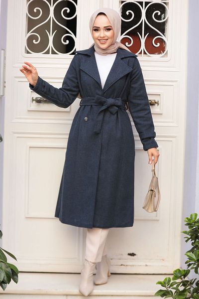 Neva Style Belted Navy Blue Stamped Hijab Coat 61210L