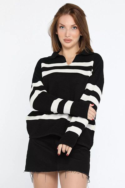 GÜLSELİ Pulover de damă cu dungi cu gât polo negru crem