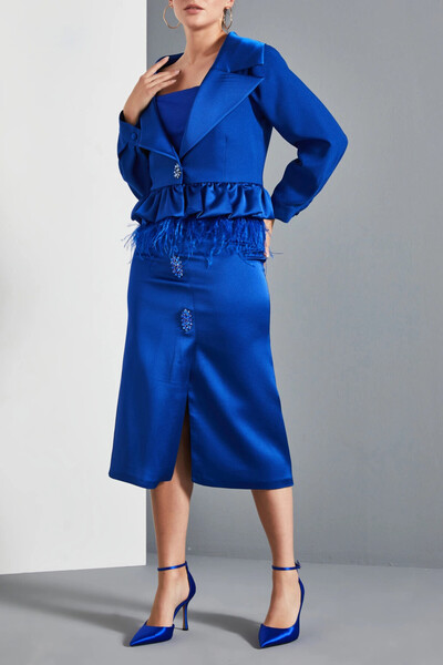 SERPİL Fırfırlı Tüylü Taşlı Düğme Detaylı Saks Ceket 37158