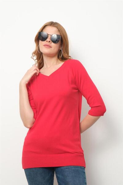 Clothes Fast Women's Red Raglan Sleeve V-Neck Sweater