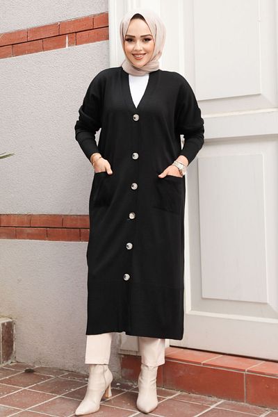 Neva Style Tricotaj hidžáb negru cu nasturi Cardigan 30582S