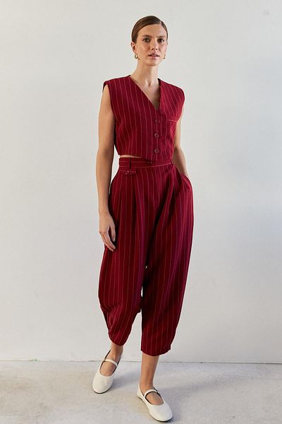 YOUR NAME Burgundy Striped Women's Trousers - Pleat Detailed