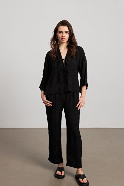 YOUR NAME Pantaloni negri pentru femei musulmane plisați cu picioare largi