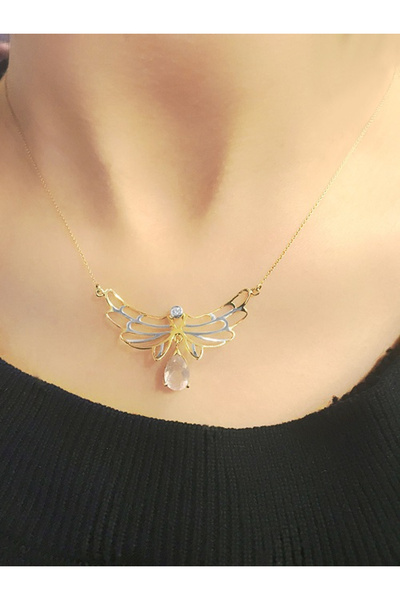 Ariş Rose Quartz Taşlı Ve Pırlantalı Bereketin Kanatları Kolyesi