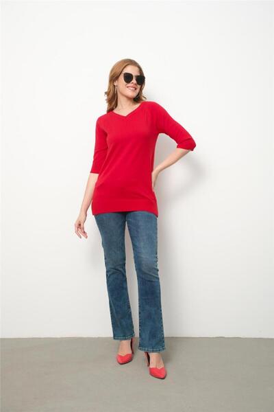 Clothes Fast Women's Red Raglan Sleeve V-Neck Sweater