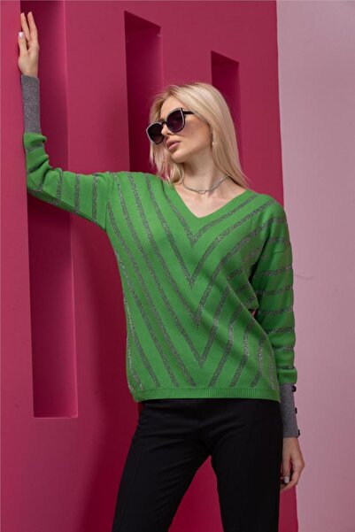 BERNE Women's Lime Green Glittery V-Neck Sweater