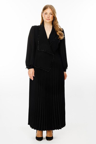 Moda İlgi Μαύρο μακρύ φόρεμα Modailgi με πλισέ και λεπτομέρεια από χάντρες