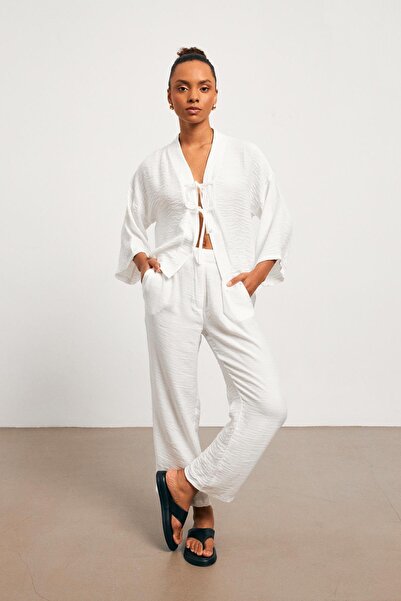 YOUR NAME Pleated Muslin White Wide Leg Women's Trousers