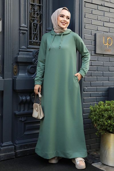 Neva Style Hooded Green Hijab Dress 50421Cy