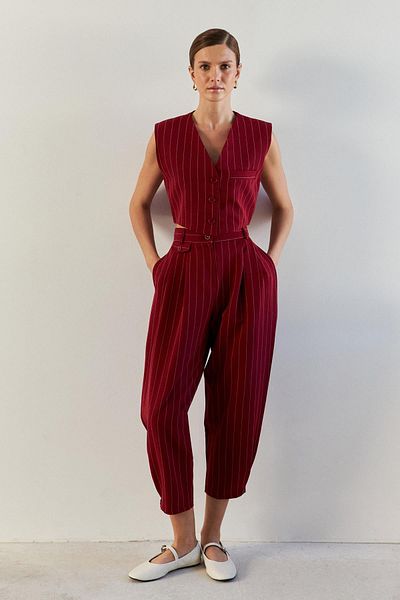YOUR NAME Burgundy Striped Women's Trousers - Pleat Detailed