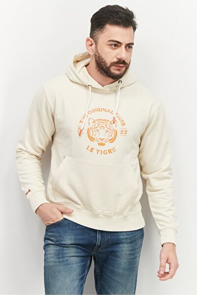 Le tigre Men Brand Logo Long Sleeve Hooded Sweatshirt, Beige
