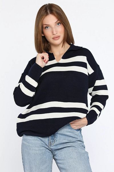 GÜLSELİ Navy Cream Polo Collar Striped Women's Knitwear Sweater