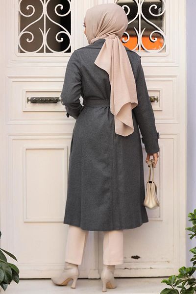 Neva Style Smoked Stamped Belted Hijab Coat - 61210Fu
