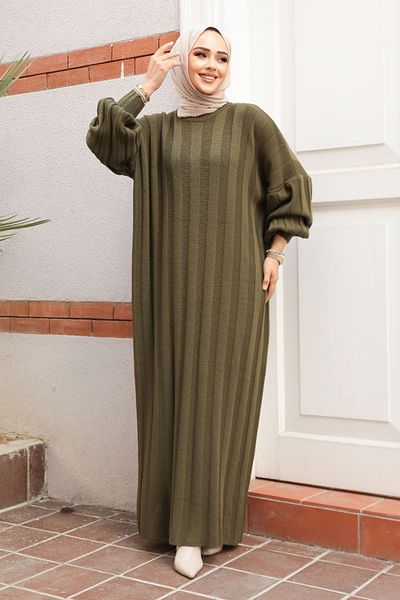 Neva Style Rochie tricotată Hijab cu nervuri kaki - 30633HK