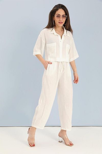 VAPUR TEKSTİL Viscose Shirt and Trousers Set - Embroidery Detailed, Ecru