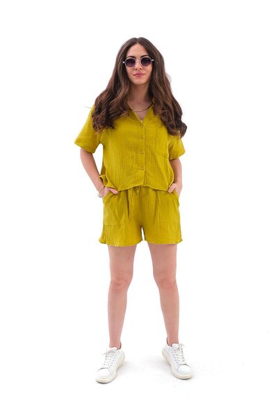 VAPUR TEKSTİL Oil Green Muslin Set Shirt and Shorts