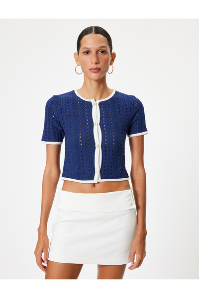 Koton Prolamované háčkování - s krátkým rukávem na knoflíky, halenka s kulatým výstřihem