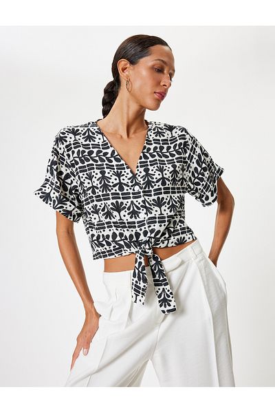 Koton V-Neck Linen Blended Crop Shirt with Tie Detail - Short Sleeve