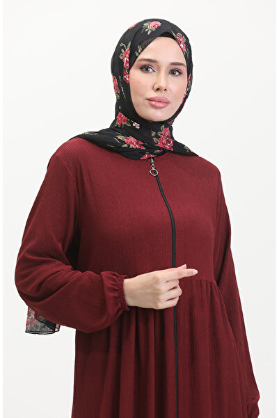 sefamerve Bürümcük Kumaş Büzgülü Fermuarlı Ferace 1018-09 Bordo