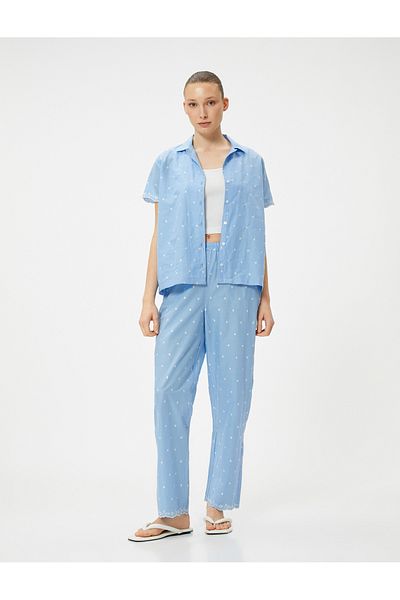 Koton Pantaloni de pijama din bumbac cu detalii de broderie - picior plat și talie elastică