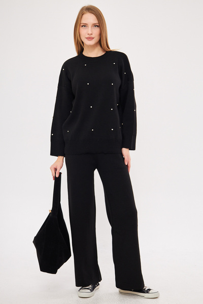 armonika Women's Black Zero Collar Stone Detailed Knitwear Double Suit Arm-25K 012008