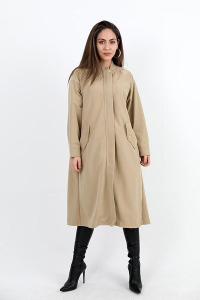VAPUR TEKSTİL Ribbed Collar and Zippered Mink Trench Coat - Snap Sleeve