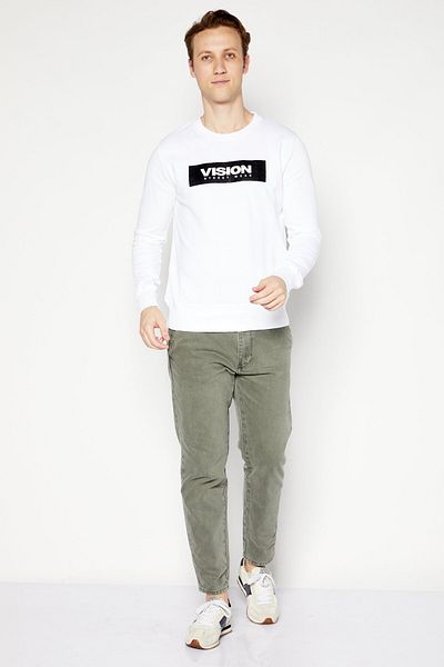 Vision Street Wear Men Crew Neck Long Sleeve Brand Logo Sweatshirt, White