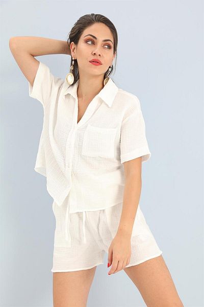 VAPUR TEKSTİL Ecru Muslin Set Shirt and Shorts