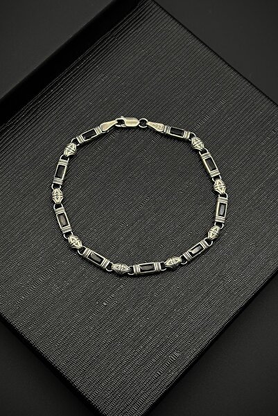 FRNCH 925 Ayar Gümüş İtalyan Model Siyah Zirkon Taşlı Gümüş Renk Erkek Bilekl...