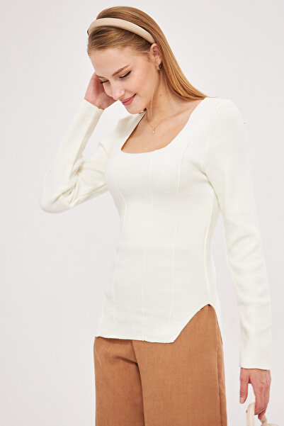 armonika بلوزة نسائية منسوجة بياقة مربعة كريمية ARM-25K 012013