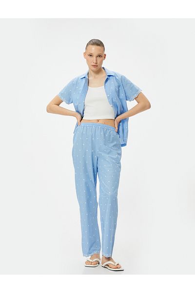 Koton Pantaloni de pijama din bumbac cu detalii de broderie - picior plat și talie elastică