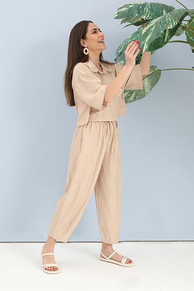 VAPUR TEKSTİL Beige Viscose Set - Embroidery Detailed Shirt and Trousers