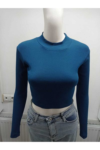 LADY HAZAL Body crop cu nervuri pe jumătate verde petrol - Bluză tricotată cu mânecă lungă Darkalıp