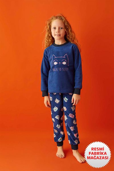 Aydoğan Girl's Winter Fleece Navy Blue Long Sleeve Pajamas Set 1682 - Aydogan ®