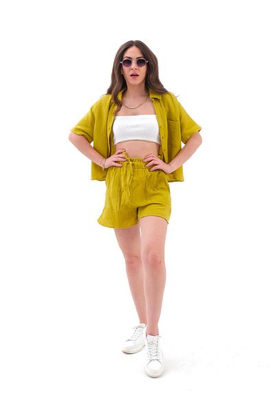 VAPUR TEKSTİL Oil Green Muslin Set Shirt and Shorts