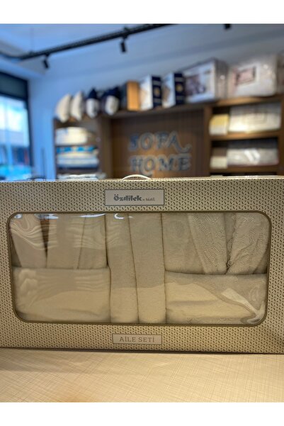 Özdilek %100 Pamuk Unisex Bornoz Takımı Carmin -Krem Aile Seti