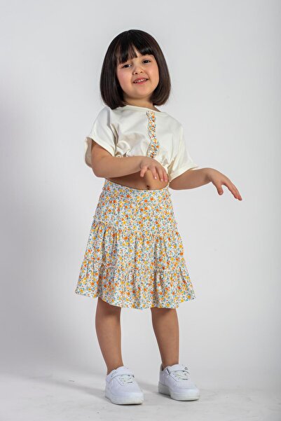 zepkids Girl's Yellow Colored Elastic Waist Double Sleeve and Skirt Set