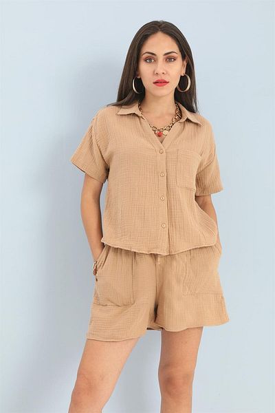 VAPUR TEKSTİL Mink Muslin Set Shirt and Shorts