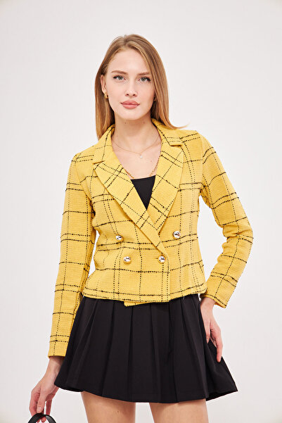 armonika Women's Mustard-Black Double Breasted Collar Tweed Crop Jacket Arm-24K 001014