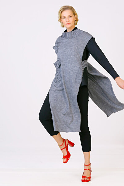 BIZEFASHION Kolsuz Uzun Triko Tunik - Gri