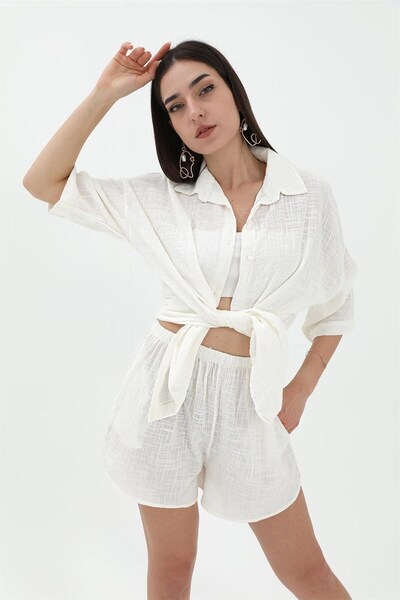 VAPUR TEKSTİL Cotton Linen Shorts Shirt Women's Double Suit - Ecru