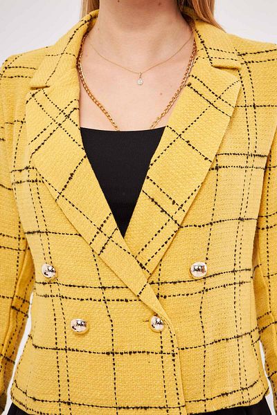 armonika Γυναικείο μουσταρδί-μαύρο διπλό γιακά Tweed Crop Jacket ARM-24K 001014