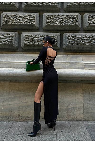 OlaLady Γυναικείο μάξι μήκους με βαθύ σκίσιμο στην πλάτη με κορδόνια ασύμμετρο μαύρο δροσερό φόρεμα
