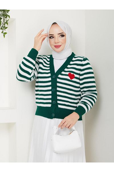 Nergis Neva Butik Κοντή ριγέ ζακέτα καρδιάς