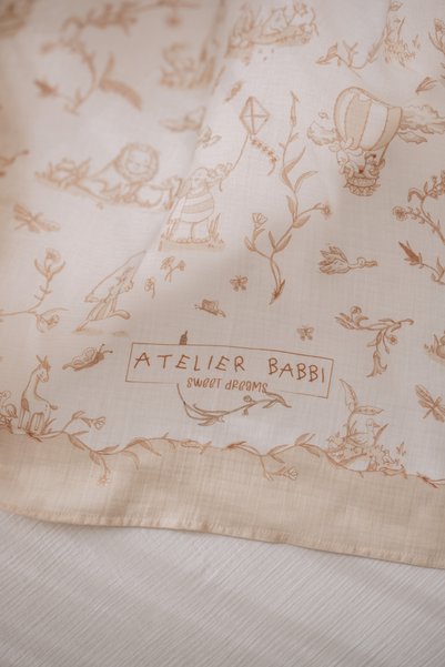 Atelier Babbi 100% Cotton Double Layer Muslin Baby Blanket - Toile De Jouy / Beige 100X100 cm